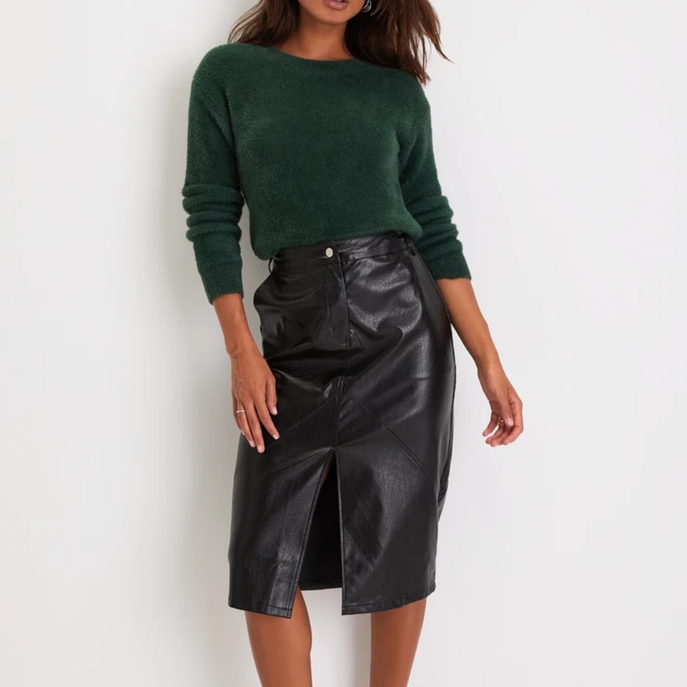 Black Vegan Leather High-Rise Midi Skirt